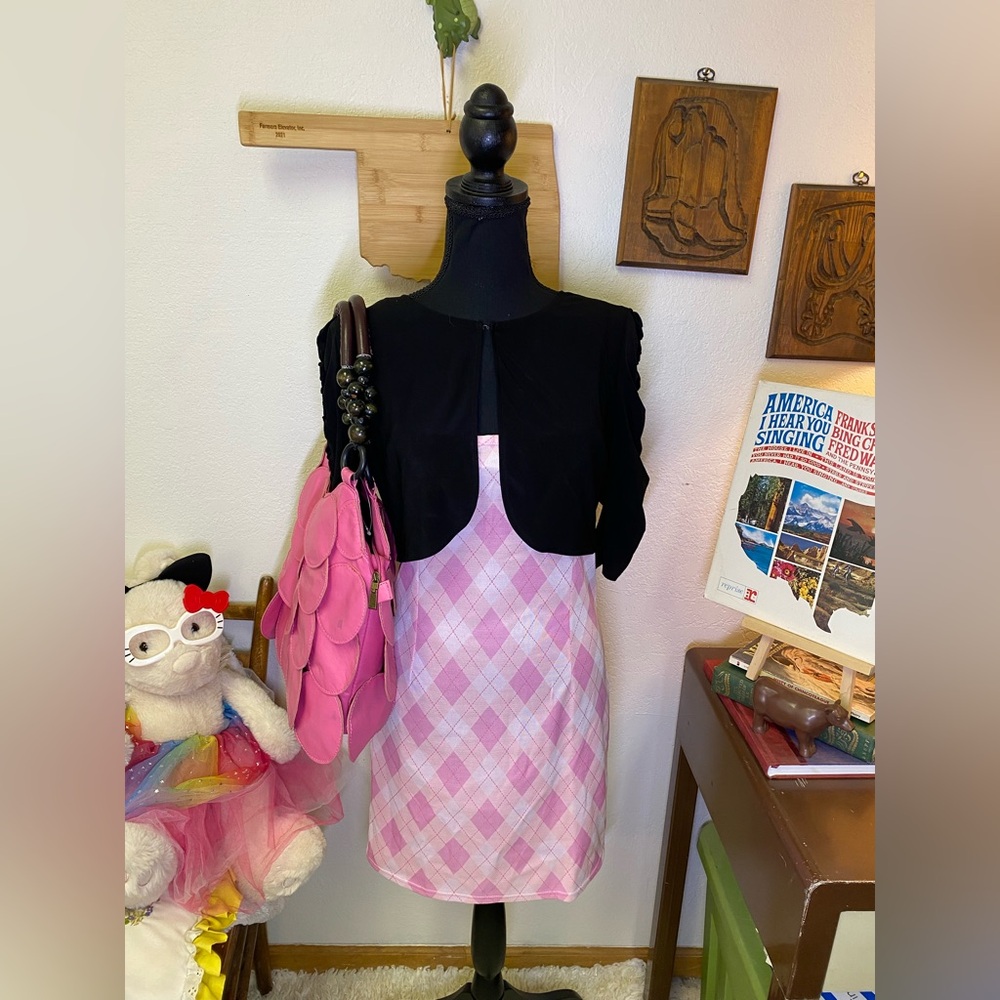 Pink Argyle Mini Dress Clueless Outfit Barbie Retro Y2K W/ Bolero & Circle Bag M